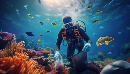 A diver cleans waste from coral reefs to protect marine life and support conservation.
