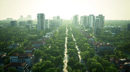 Obraz premium Cityscape aerial view, lush greenery, morning light, urban landscape, possible use for real estate, architecture, environmental design