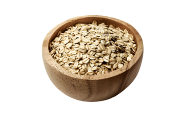 Fresh oat grain flakes ingredient in bowl for healthy eating. Wholegrain pressed oatmeal cereal cut isolated on transparent background