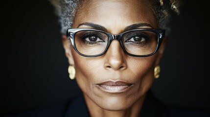 A woman with curly grey hair and bold glasses gazes directly at the viewer, conveying a sense of confidence and strength. The dark background adds depth to her powerful presence