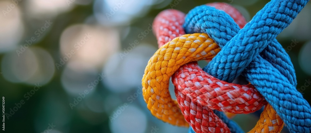 Poster vibrant interwoven ropes create a colorful knot against a soft bokeh background capturing connection