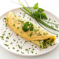 Herb Omelet with Fresh Parsley and Chives on a White Plate &ndash; A golden omelet sprinkled with fresh herbs. Background: white, ensuring a clean presentation.

