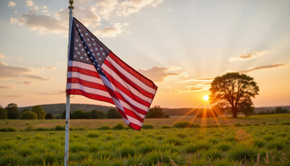 Crisp American flag waving in sunset-lit field, patriotism and unity