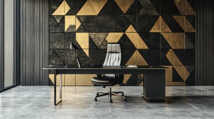 Modern executive office with gold and black wall decor