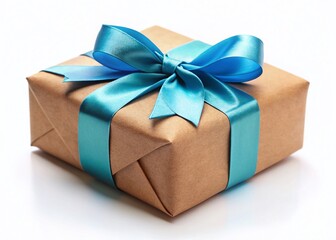 Obraz premium Rustic Brown Paper Gift Wrapped with Elegant Blue Ribbon Bow - Stock Photo