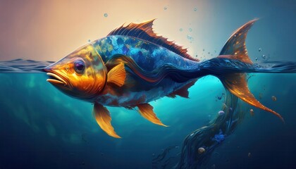 Fototapeta premium A colorful fish glides through polluted water, embodying ocean life and environmental care.