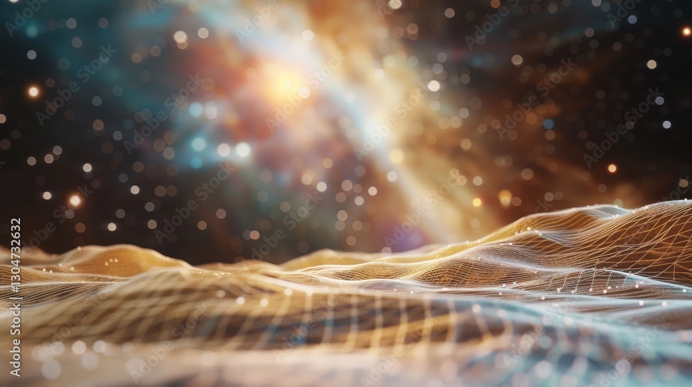 Wall mural abstract digital landscape with glowing lines and cosmic background, representing infinity and explo