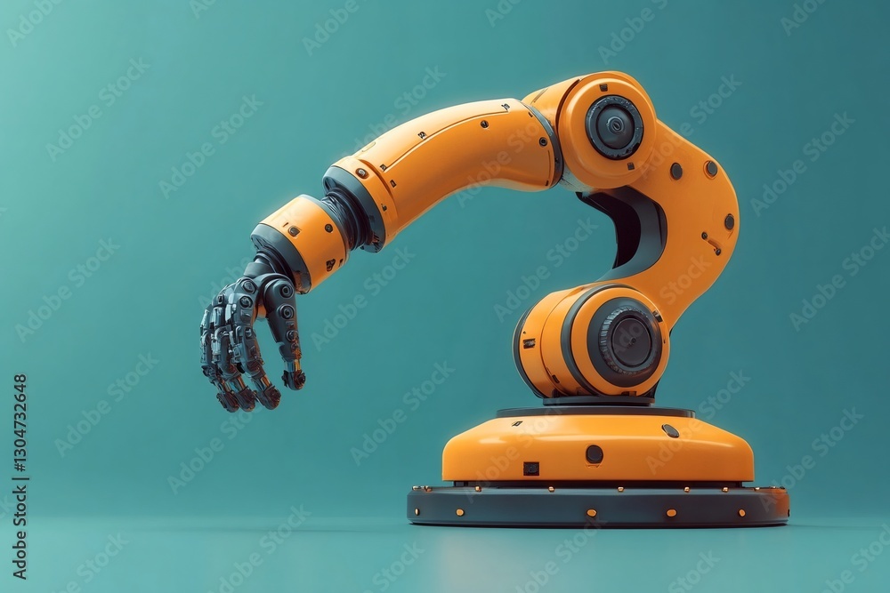 Poster robotic arm pointing with metallic fingers on teal background