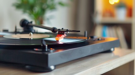 Fototapeta premium Close Up of a Vinyl Record Player with a Turntable Arm and a Spinning Record in a Cozy Indoor Setting