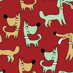 Vector seamless repeating childish pattern with cute dogs in Scandinavian style. Animals background with dog, pets, puppy for invitation, poster, card, flyer, textile, fabric.