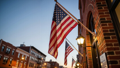 American flags displayed over urban doorway at dusk, patriotic symbolism