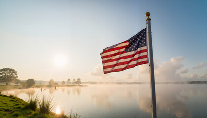 American flag waving by serene lake at sunrise, patriotic tranquility