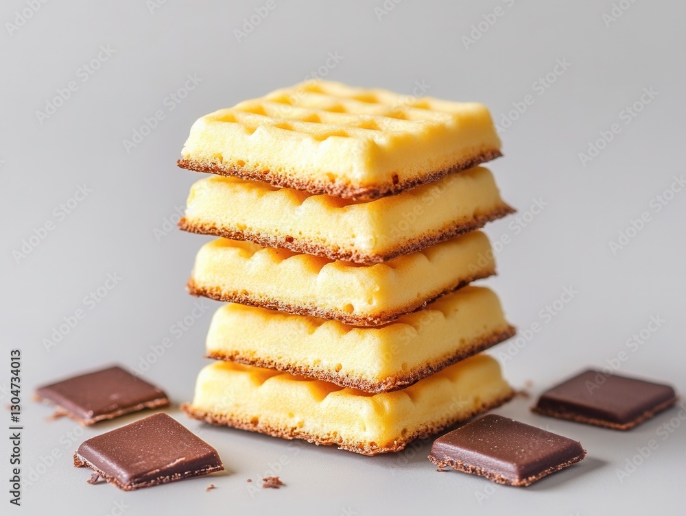 Poster delicious stack of golden waffles with chocolate squares on a gray background in a studio shot captu