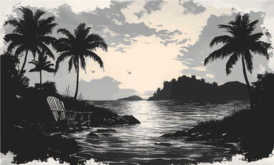 Sunset View by the Beach with Palm Trees