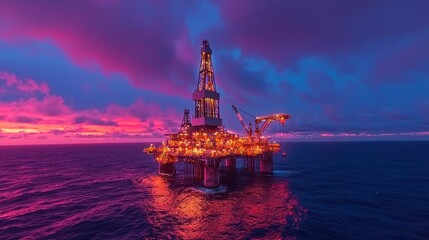 Sunset Over Oil Rig in Ocean with Vibrant Colors and Lighting Effects