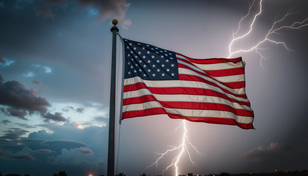 Tattered American flag waving under stormy sky, enduring resilience