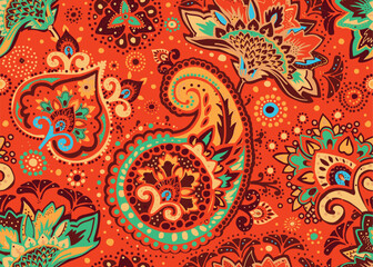 Seamless paisley pattern in Oriental style with floral and ethnic motifs for printed fabric, wallpaper, and packaging