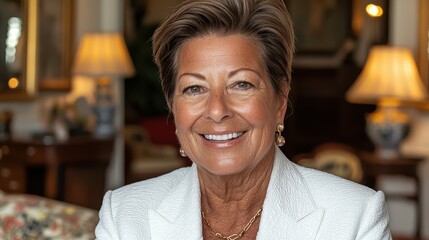 Fototapeta premium A woman poses confidently with a bright smile, wearing a fashionable outfit and jewelry, surrounded by tastefully arranged furnishings and soft lighting