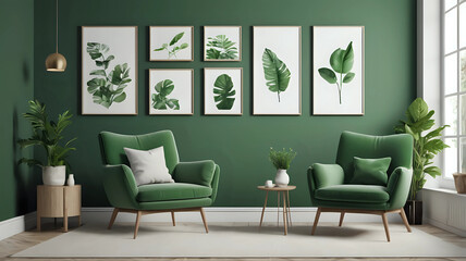 Stylish living room interior design with scandi armchair, elegant commodes, mocj up poster frames and accessories. Green wall