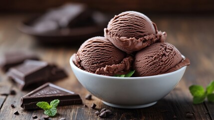 Decadent Chocolate Ice Cream Scoops in White Bowl on Rustic Wood Table with Mint and Chocolate Chunks