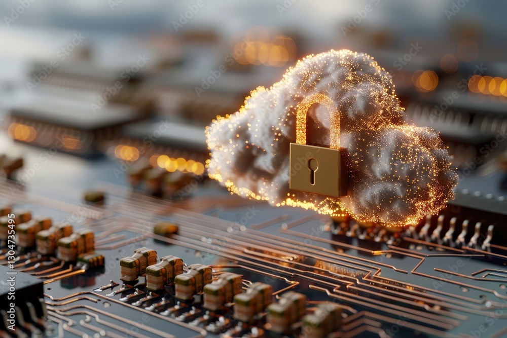 Poster digital cloud security concept featuring a locked padlock amidst electronic circuit patterns for dat