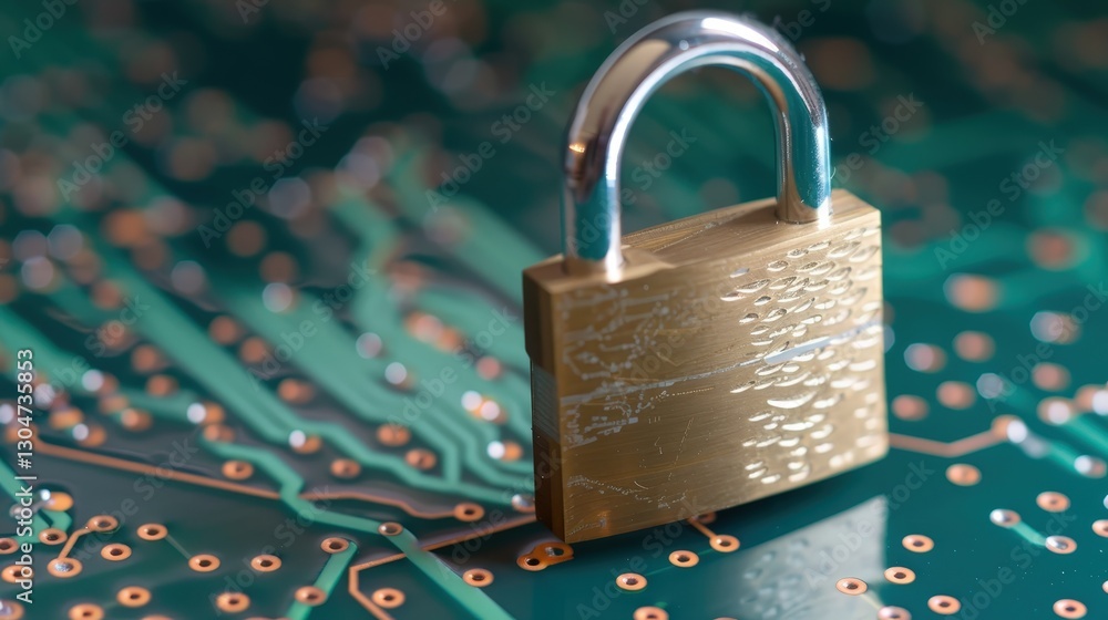 Poster secure padlock resting on a circuit board symbolizing digital protection and cybersecurity technolog
