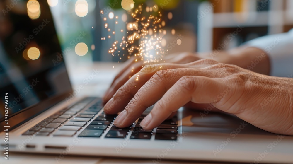 Poster hands typing on laptop with sparkling lights creating a magical vibe in a cozy workspace environment