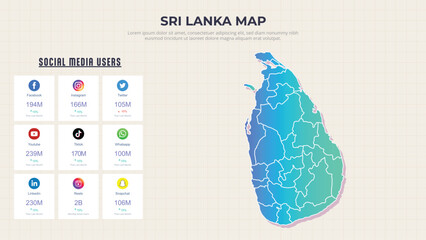 Social Media Usage & Growth Statistics Infographic Map of Sri Lanka. Popular Social Media Apps Usage in Sri Lanka modern Infographic map. Vector Illustration