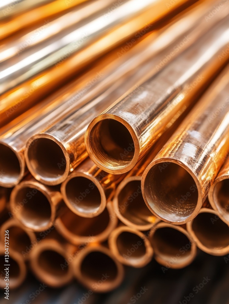 Poster shiny copper pipes stacked in neat rows creating a pattern of industrial material for plumbing and c