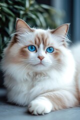 Adorable ragdoll cat relaxing with intense blue eyes and fluffy fur