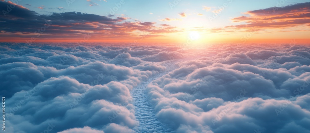Poster serene aerial view of a sea of clouds at sunset with a sunlit path creating a dreamy and ethereal at