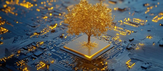 A tree growing on top of a chip, with a circuit board and golden light around it.