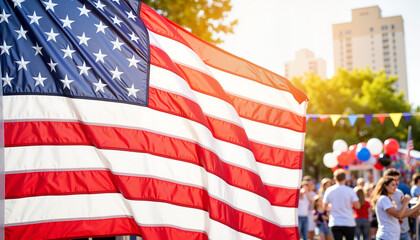 Festive parade with American flag in bright sunlight, celebration spirit