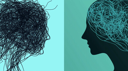 A conceptual illustration of two human heads, one appearing tangled and chaotic while the other is structured and organized, symbolizing mental states.  
