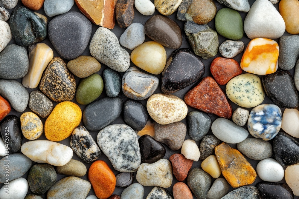 Poster assorted colorful beach stones displayed in a flat lay arrangement on a neutral surface creating a n