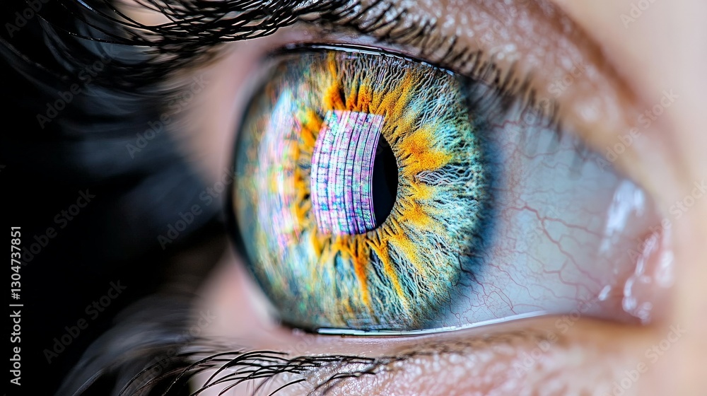 Aufkleber close-up of a colorful eye with dynamic reflection and intricate detail