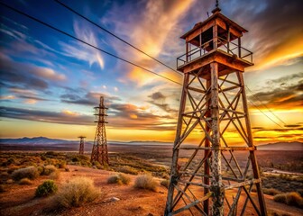Rusty Telegram Tower & Wires: Vintage Communication Infrastructure Stock Photo