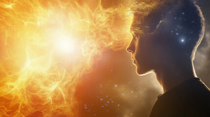 A dramatic digital artwork of a man staring into a fiery cosmic explosion, blending science fiction and fantasy elements with deep space visuals.  
