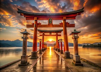 Naklejka premium Sacred Japanese Shrine Gate: Ko Shrine Torii with Kanji Characters at Sunrise