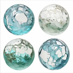 Abstract Teal and White Swirl Liquid Marble Sphere Set Fluid Art Background Texture
