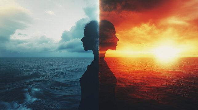 A striking digital composition of a woman&rsquo;s face divided between a stormy ocean and a fiery sunset, symbolizing balance and inner conflict.  
