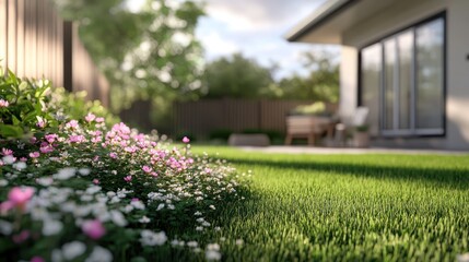 serene backyard with vibrant flowers lush green grass and blurred modern house blending nature with contemporary outdoor space