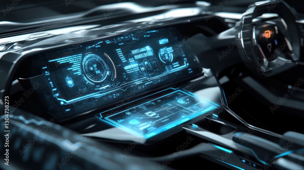 Poster futuristic car dashboard showcasing advanced holographic display with vehicle telemetry and navigati