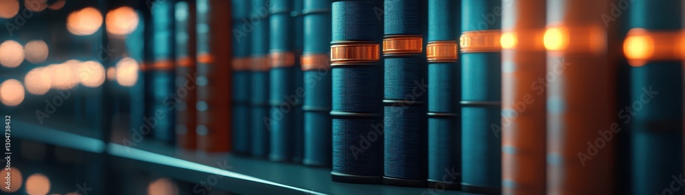 Aufkleber row of teal and copper bound books on shelf library bookshelf background