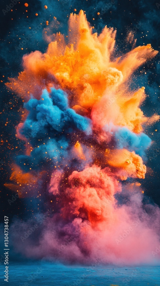 Poster Vibrant powder explosion with dynamic colors creating a captivating visual spectacle on dark background for artistic expression and creative concepts