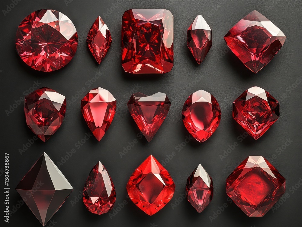 Poster collection of ruby gemstones with different cuts and shapes on a dark background in high resolution