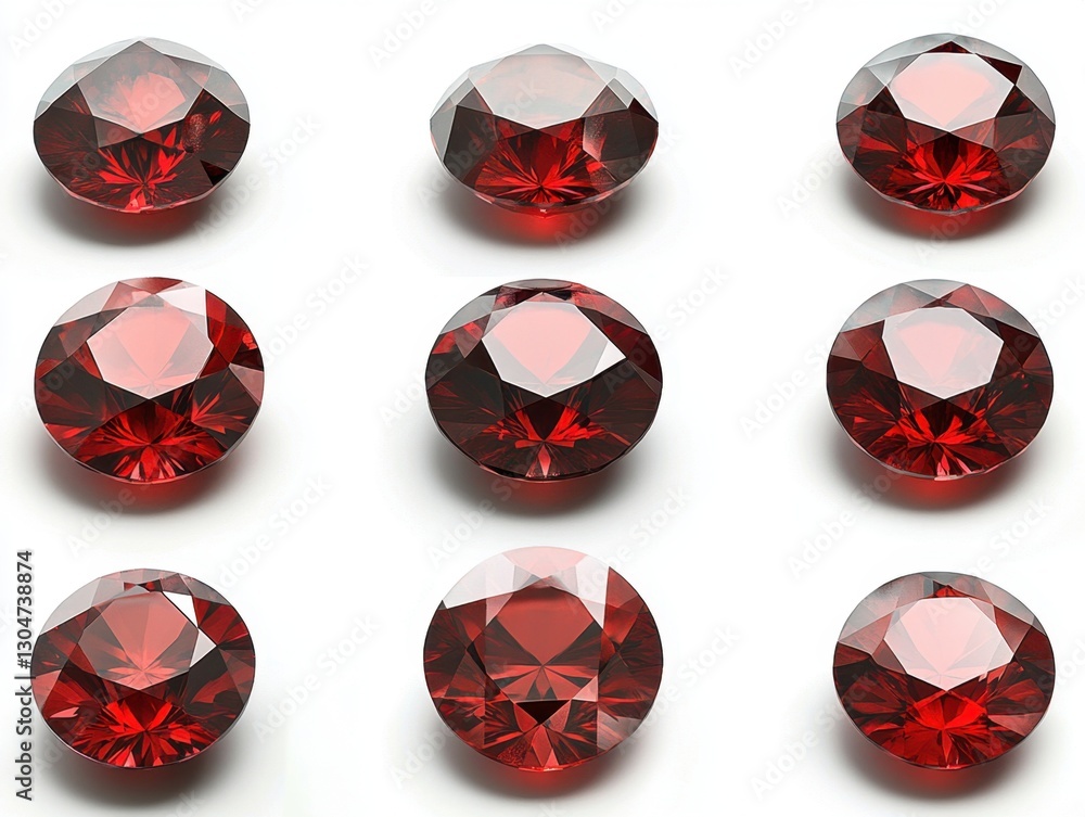 Poster elegant ruby gemstones arranged in a grid pattern on a clean white background showcasing rich color 