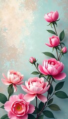 Obraz premium Abstract botanical composition with pastel roses, peonies, and hydrangeas on a textured background, decor, soft