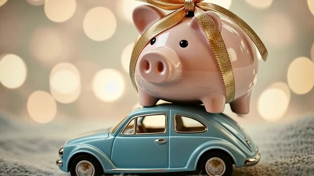 This delightful video features a piggy bank atop a toy car. It represents financial goals and savings in a playful way. Ideal for articles about money and childhood memories. Generative AI