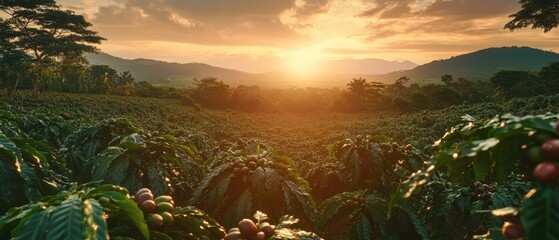 Serene Sunrise Over Lush Coffee Plantation in Central America with Rolling Hills and Golden Light
